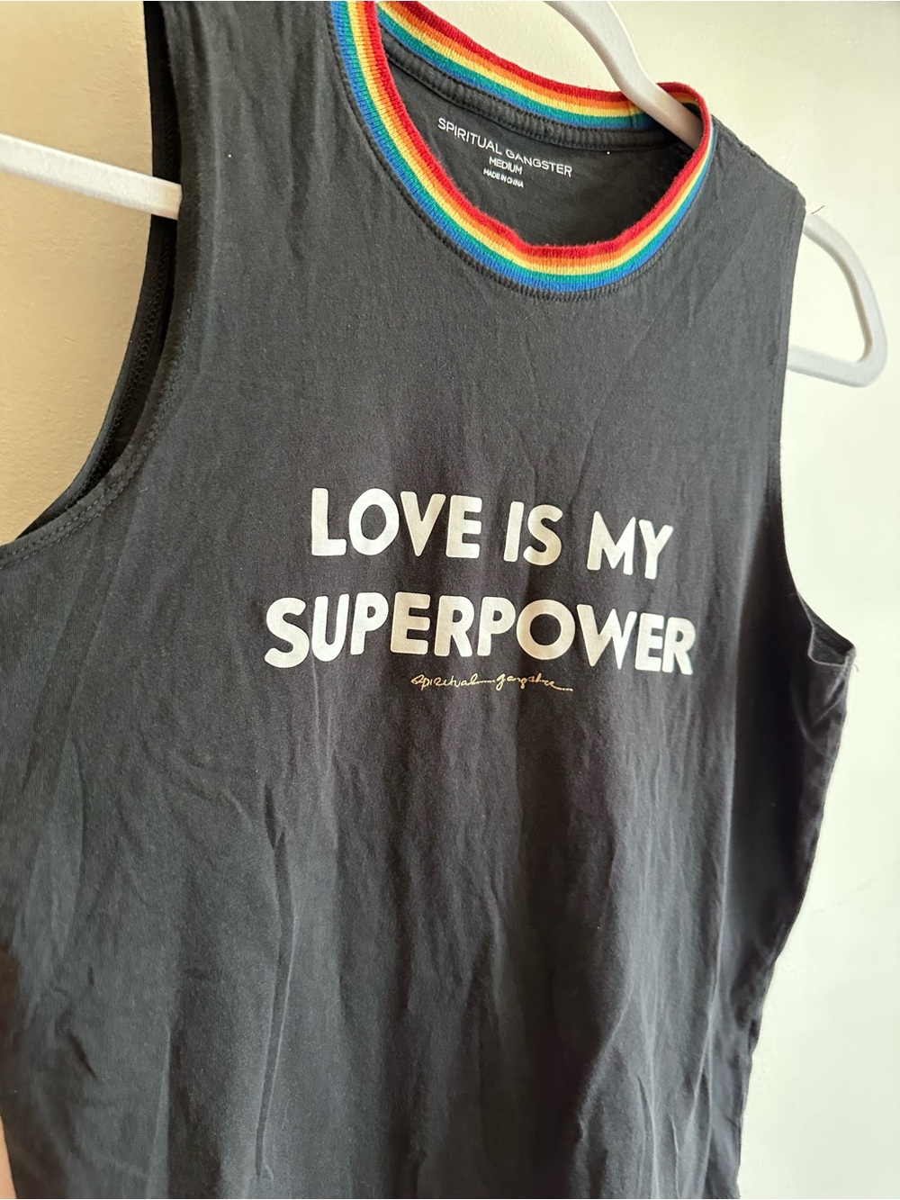 Spiritual Gangster Love Is My Superpower Rainbow-Trim Tank Top M - Picture 6 of 8